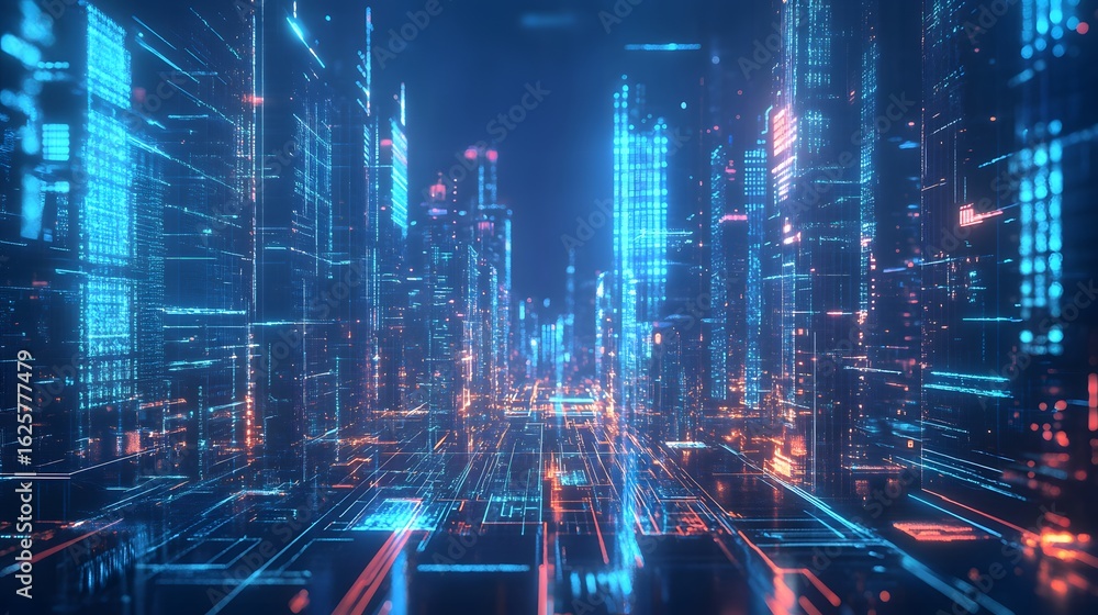 Obraz premium futuristic digital cityscape with glowing data streams and neon grids, no humans present, deep blue tones 