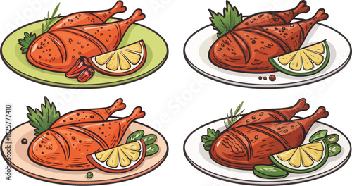 Tandoori Chicken illustration vector design, Tandoori Chicken logo and icon design, Tandoori Chicken on plate