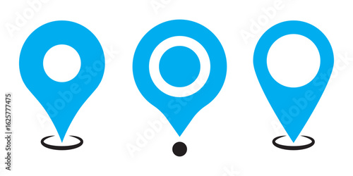 Map pin icon set. Location marker symbol for web design, app, and UI. GPS navigator pointer. Destination position sign. Vector map point label for travel or navigation.