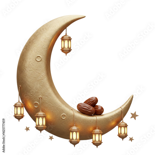 Ramadan Crescent Moon: Lantern & Dates 3D Render Isolated on Transparent Background