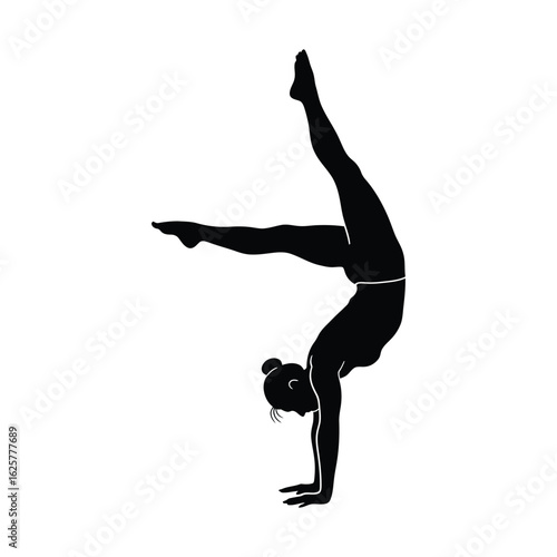 Silhouette of a woman performing a handstand yoga pose, showcasing balance, strength, and flexibility isolated on white background