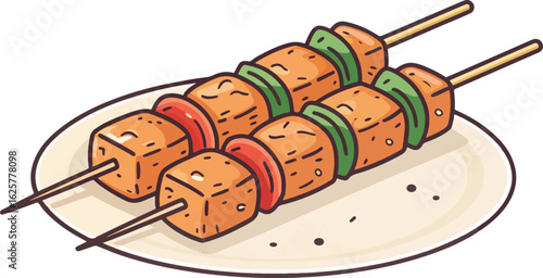 Chicken tikka illustration vector design, Chicken tikka logo and icon design, Chicken tikka on plate