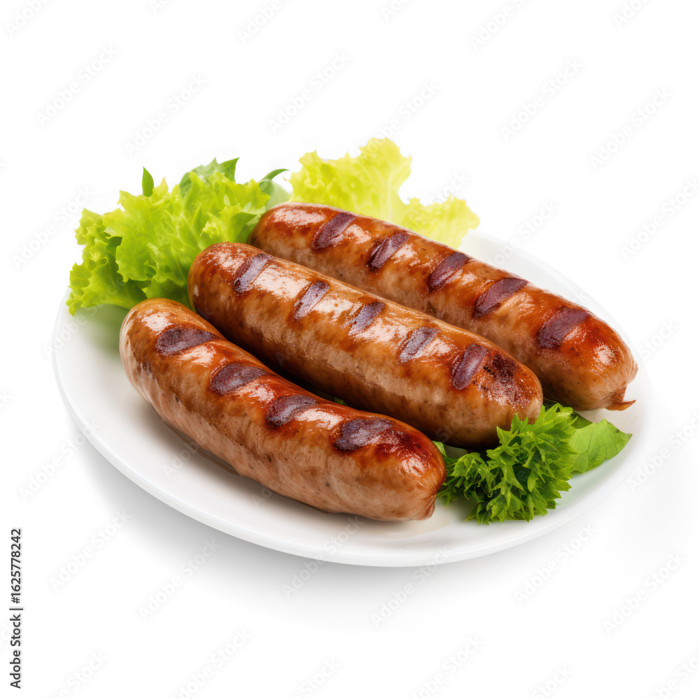 Three grilled sausages on a white plate with lettuce leaves. Three grilled sausages on a white plate with lettuce leaves.