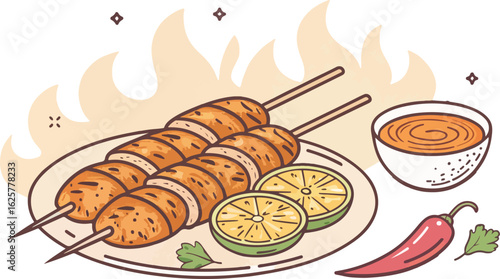 Chicken skewer illustration vector design, Chicken tikka logo and icon design, Chicken tikka on plate