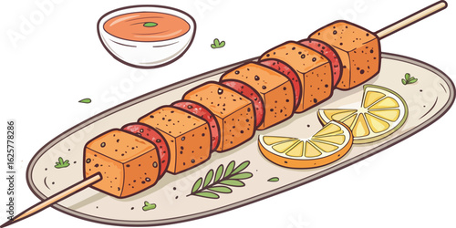 Chicken tikka illustration vector design, Chicken tikka logo and icon design, Chicken tikka on plate