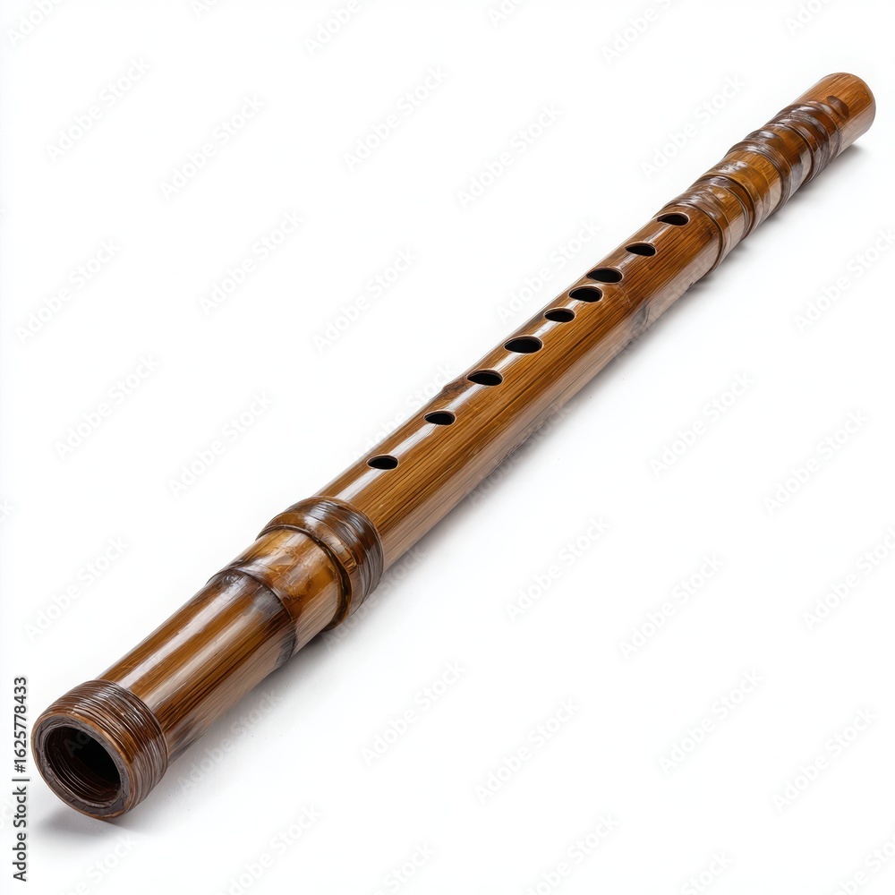 Naklejka premium An antique wooden wind instrument with finger holes and a flared bell on a white background
