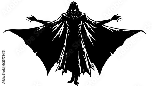 Silhouette of a sinister figure with outstretched arms isolated on white background