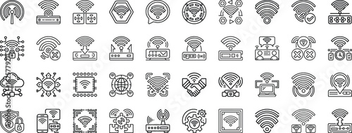 Set of wifi and wireless network icons showing connection, technology, security, and data transfer
