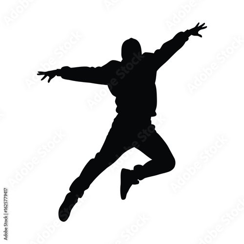 Dynamic man silhouette jumping isolated on white background, embodying energy and action in a fitness pose, representing strength and active lifestyle