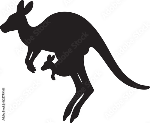 Vector Silhouette of Kangaroo with Joey in Pouch in Mid-Leap on White Background


