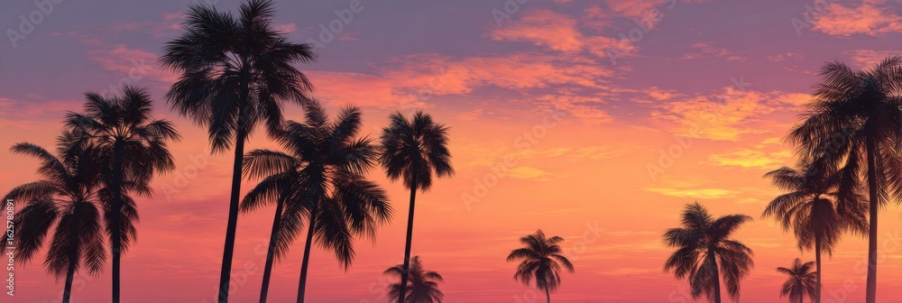 Fototapeta premium Serene Sunset Over a Tropical Horizon with Silhouetted Palm Trees Against Vibrant Purple and Orange Skies