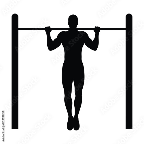 Silhouette of a man doing pullups on parallel bars, isolated on white background, representing fitness, strength training, and a healthy lifestyle