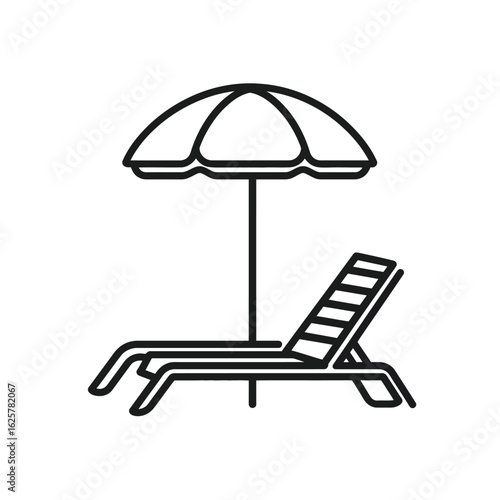Beach Umbrella and Lounge Chair Outline Isolated on Transparent Background