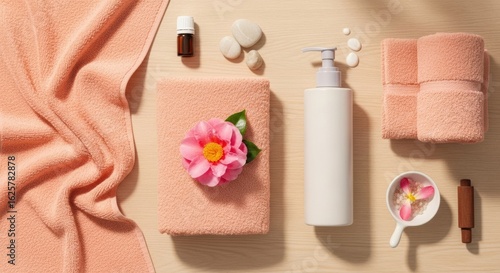 Calming spa arrangement featuring towels, essential oil, and flower blossom for relaxation