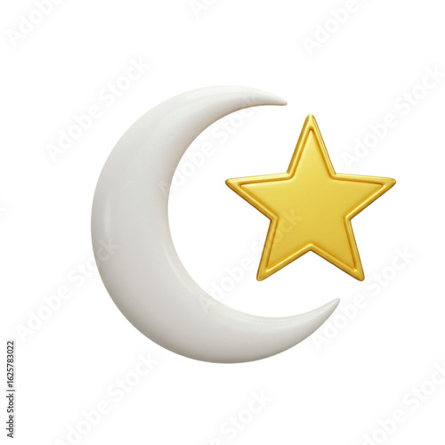 Crescent Moon and Star: 3D Render for Islamic Designs Isolated on Transparent Background