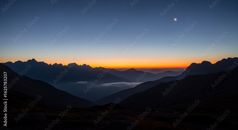 Obraz premium Twilight mountain landscape with crescent moon and a faint aircraft contrail. 