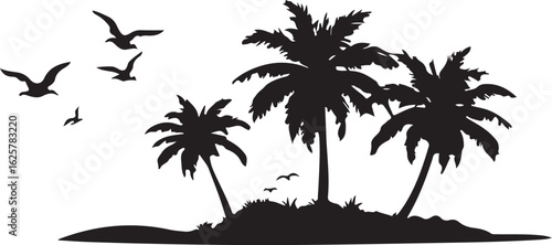 palm trees silhouette on a tropical island with birds flying in the sky isolated on white background, a serene and exotic vacation getaway isolated on white background