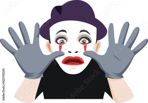 A mime artist with white face makeup, wearing a hat and gloves, performing a silent act isolated on white background isolated on white background