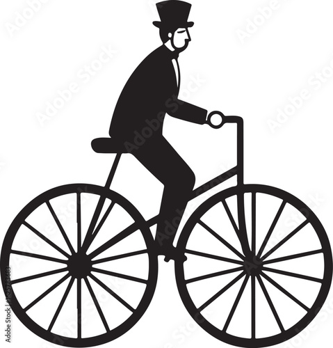 A silhouette of a gentleman in a top hat riding a penny farthing bicycle, isolated on white background isolated on white background