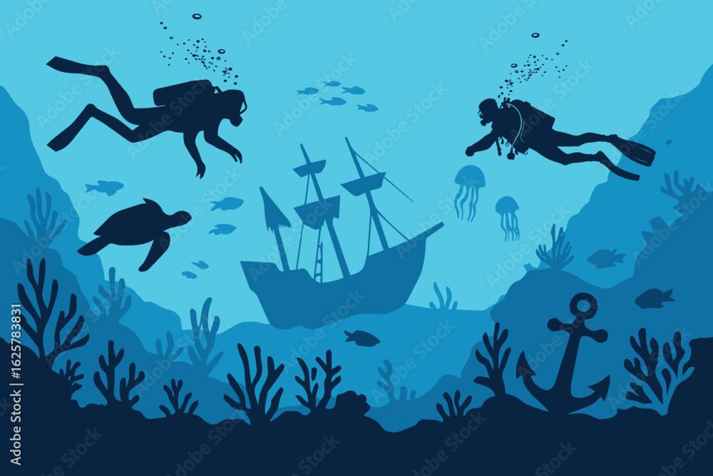 Naklejka premium A of silhouette of scuba divers exploring a shipwreck with turtle, anchor, and jellyfish in the deep blue sea underwater world isolated on white background