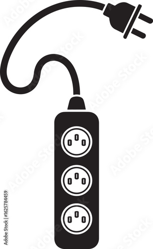 A of black extension cord with three outlets and plug isolated on white background for providing electricity to multiple devices isolated on white background