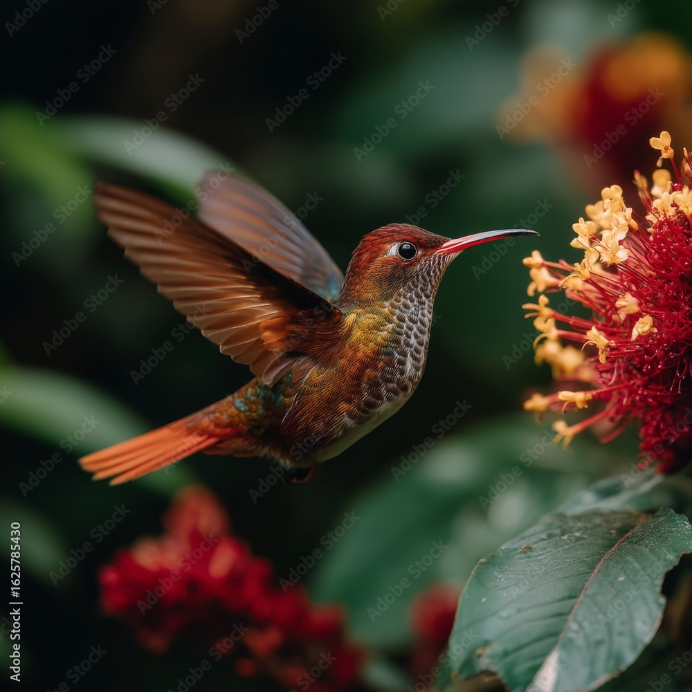 Fototapeta premium Vibrant hummingbird hovering near bright red flowers in lush green environment showcasing nature's beauty and intricate details