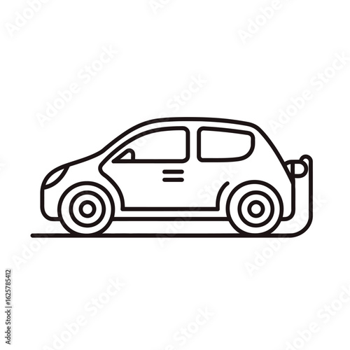 Black line art drawing of electric car side view with transparent background