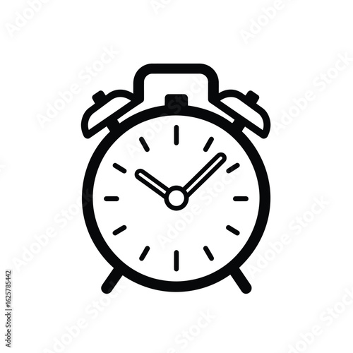 Black line art alarm clock icon with bells and hands on white background