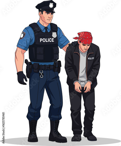 A Vector art of a police officer is arresting a young criminal, isolated on white background isolated on white background