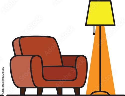 A Vector art of cozy armchair and lamp isolated on white background, a comfortable furniture piece for a modern living room, perfect for relaxation and home decoration isolated on white background
