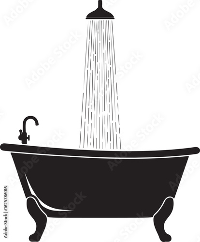 A Vector art of elegant black bathtub with a refreshing shower isolated on white background, perfect for a relaxing and luxurious bathroom experience at home isolated on white background