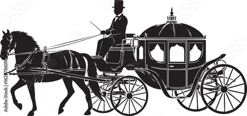 A vintage horsedrawn carriage with a driver, isolated on white background, evoking a sense of historical transportation and elegant travel isolated on white background