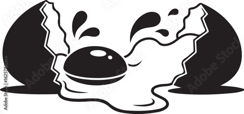 A silhouette of cracked egg with yolk and shell isolated on white background, a fresh and organic source of protein for a healthy breakfast isolated on white background