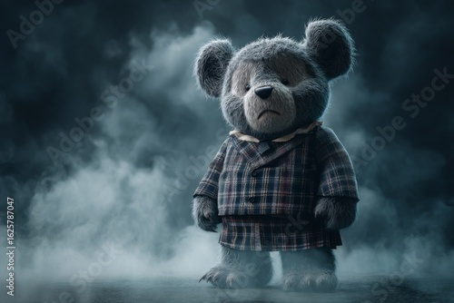 Adorable bear character dressed in vintage plaid suit stands in cloudy atmosphere with moody lighting for whimsical art projects