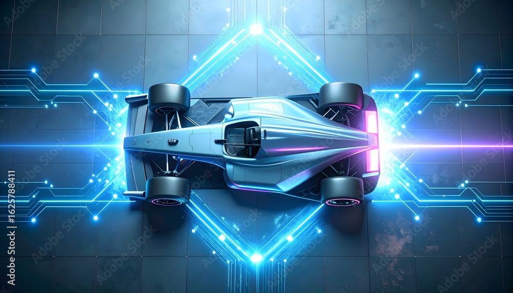 Naklejka premium Aerial View, High-Tech Environment, Concept Photography Formula Car