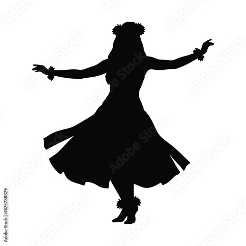 Silhouette of a hula dancer in a traditional hawaiian dress, isolated on white background, performing a graceful dance with lei and flowers