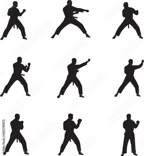 Wallpaper Mural A collection of black silhouettes showcasing various martial arts stances and forms, including karate and taekwondo poses. Ideal for sports, training, and design. Torontodigital.ca