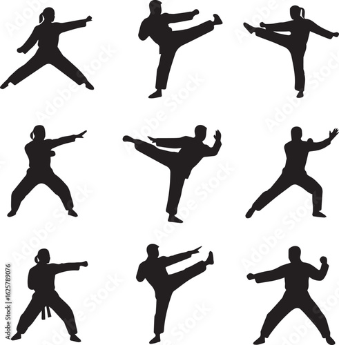 Dynamic black silhouettes of individuals demonstrating various martial arts moves, including powerful kicks and punches, against a clean white background.