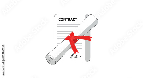 Signed contract document rolled into a scroll and tied with a red ribbon. Business agreement and legal document flat vector icon.