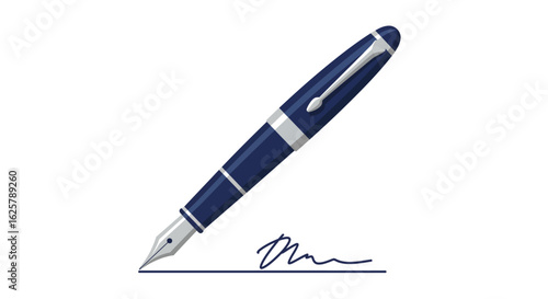 Elegant blue fountain pen with a silver nib signing a document. Vector illustration symbolizing agreement, contract, and classic writing.