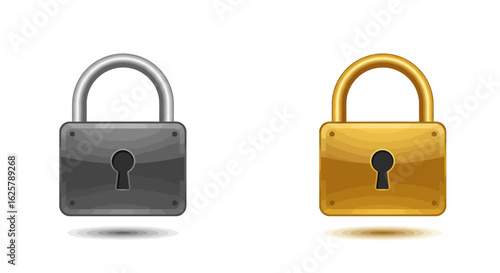 Realistic set of metallic gold and silver padlocks. Closed lock icons representing security, privacy, and protection concepts.