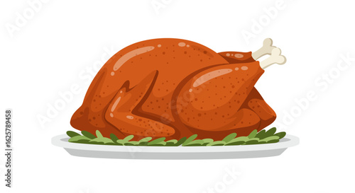 Golden brown roasted turkey served on a white platter with herbs, a classic festive dinner centerpiece illustration on a white background.