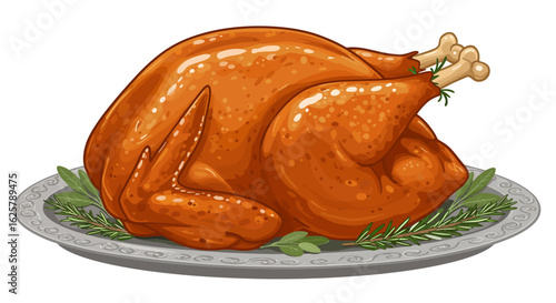Delicious whole roasted turkey illustration on a platter with herbs, a traditional roasted meal for Thanksgiving or Christmas.