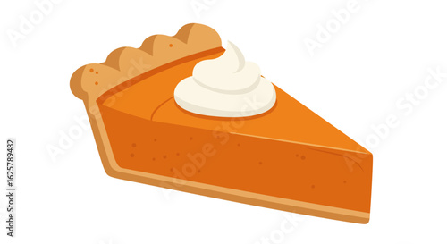 A classic slice of Thanksgiving pumpkin pie topped with whipped cream. A festive autumn dessert illustration isolated on white.