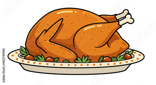 Golden brown roasted turkey on a platter with garnish, a classic centerpiece for a festive holiday feast.