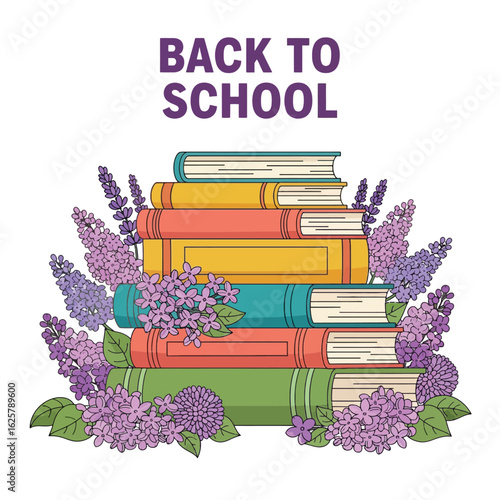 Back to School With Stack of Book and Flowers