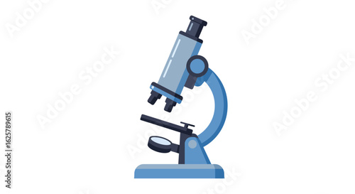 Blue laboratory microscope icon for scientific research and education, flat vector illustration isolated on a white background.