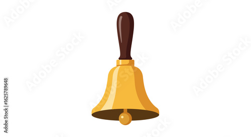 Classic golden handbell with a wooden handle for service calls or notifications. Vector illustration isolated on white background.
