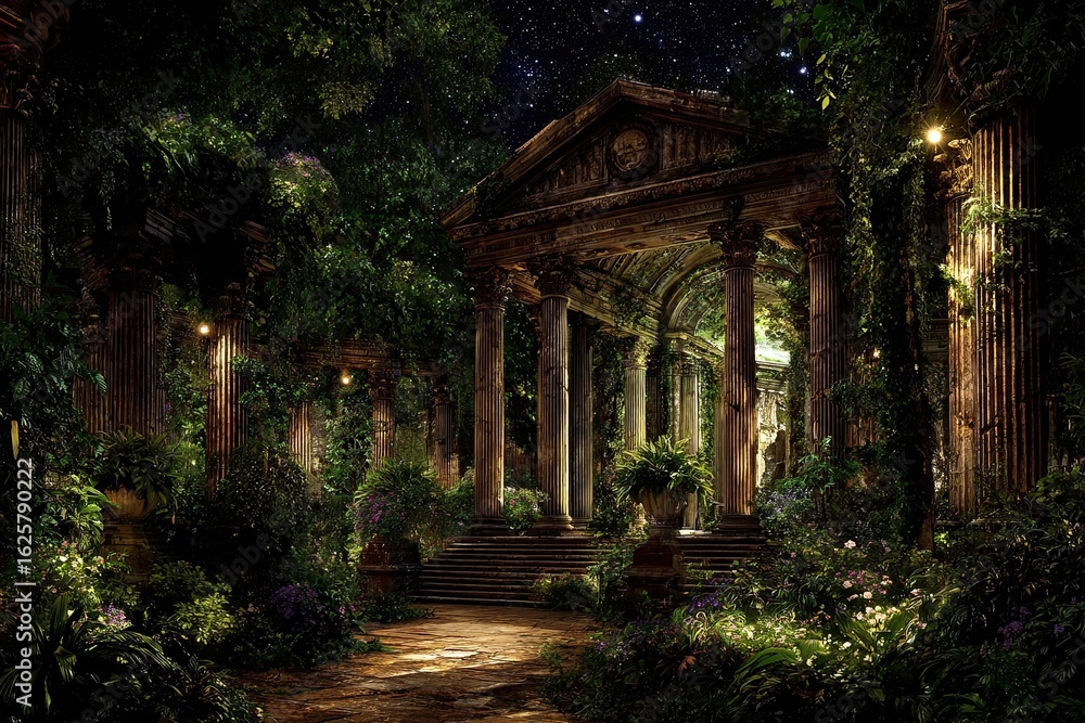 Obraz premium Ancient garden path at night. Lush foliage surrounds a colonnaded walkway with stone steps leading to a classical structure under a starry sky