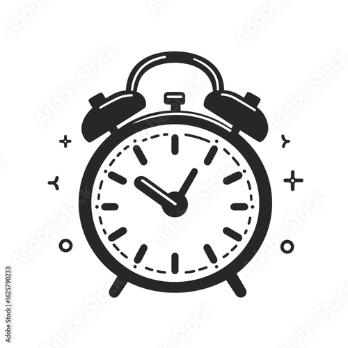 Classic Alarm Clock on White, Time Reminder with Bell, Arrows, Decorations